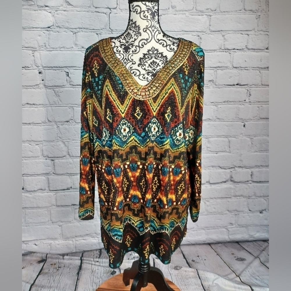 Rafaella women's long sleeve stretch knit geo print beaded front top size 1x b22